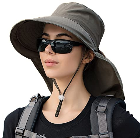 MAKFORT Wide Brim Sun Hat with Neck Flap Fishing Hats Hiking Hat Outdoor UPF 50+ UV Protection Riding Hat with Ponytail Hole for Women