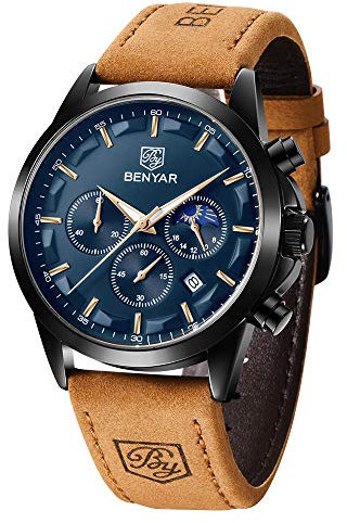 BENYAR Herren Uhr Chronograph Analog Quarz Wasserdicht Leuchtende Datum Herrenuhren Stilvolle Lederband Armbanduhr Elegantes Business Uhren Geschenk für Männer