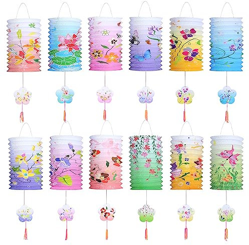 LIHAO 12 PCS Tranditional Chinese Paper Lanterns Mid Autumn Festival Lanterns Vintage Flower Lanterns