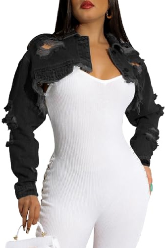 CutieLove Women's Cropped Denim Jackets Long Sleeve Destroyed Crop Top Casual Jean Coat