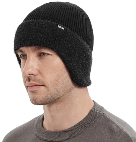 Wmcaps Winter Fleece Line Beanie with Earflap for Men Women, Outdoor Warm Thermal Knitted Hat Stocking Caps (Black)