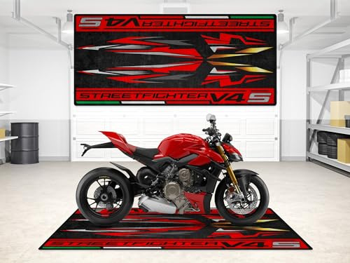 wibeart MPM Motorradmatte für Streetfighter V4 S, waschbar, rutschfest, öl- und wasserabweisend, Parkmatte für Garage, Ausstellungsraum, Werkst | Ducati Rot - Größe 1: 86.6 x 39.4/220 x 100 cm