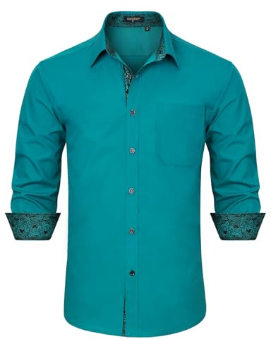HISDERN Camicia Uomo Manica Lunga Elegante Camicia Verde Acqua Uomo Regular Fit Casual Cotone Camicie Elasticizzata No Stiro con Tasca XL