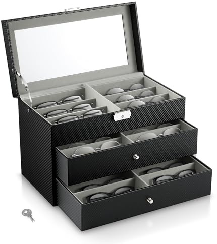 MoKo Sunglasses Organizer with 18 Slots, 3-layer Leather Sunglass Display Collection Holder Case with Drawer Clear Glass Lid, Lockable Eyeglass Glass Jewelry Watch Storage Box for Women Men, Black