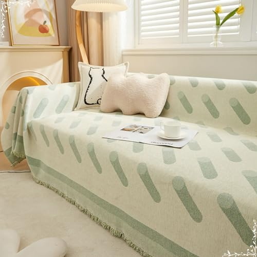 Epinki Sofaüberwürfe, 180x180CM Sofahusse Ecksofa mit Quaste Streifen Muster, rutschfeste Sofabezug Hund aus Chenille für Wohnzimmer Protector & Hunde Haustiere, Grün