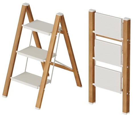 Mayi Plus 3 Step Lightweight Aluminum Folding Ladder, Portable Step Stool with Wide Anti-Slip Pedals, 330 lbs Capacity for Home,Cleaning Tasks（White&Woodgrain）