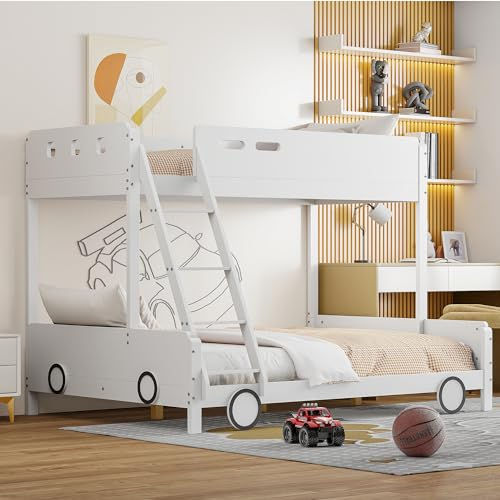 WIZBED Autobett Kinderbett für 3 Kinder, Etagenbett mit Leiter und Lattenrost, Spielbett Stockbett, Hochbett 90x200 und140x200 Funktionsbett Jugendbett, ohne Matratze