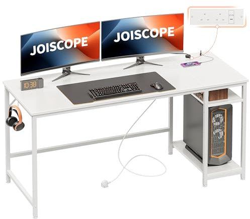 JOISCOPE Escritorio para computadora, escritorio blanco de 152 cm con salidas USB y puerto de carga tipo C y estantes, escritorio para juegos con gancho para auriculares, mesa para estudio, jugar