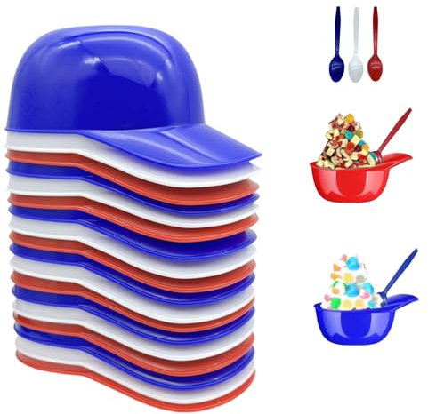 KKpxafl 36 Pack Baseball Helmet Ice Cream Bowls, 18pc 8oz Mini Dessert Cups & 18pc Spoons, Party Snack Cups for Birthday, Reusable Serving Baseball Cup Bowls (Red, Dark Blue, White)