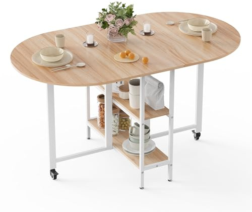 Mondeer 140cm Klappbarer Esstisch, Küchentisch für Kleine Räume | Ausklappbare,Ausreichend Stauraum,Rundes Kanten Design,Küche,Esszimmer,Wohnzimmer,2-4 Personen,Eiche und Weiß