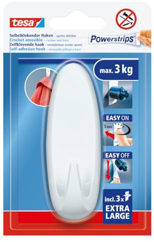tesa Powerstrips Klebehaken XL Oval - selbstklebender Haken mit extra starkem Halt - wiederverwendbarer Wandhaken für Bad oder Küche - Montage ohne Bohren - Weiß - 1 x Haken, 3 x Powerstrips XL