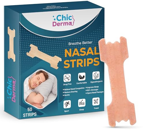 Chic Derma Nasal Strips for Snoring 50 Pieces, Nose Strips to Stop Snoring and Airflow Support, Nasal Congestion Anti Snoring Strips for Men Women, Nose Tape for Sports and Sleep (50)