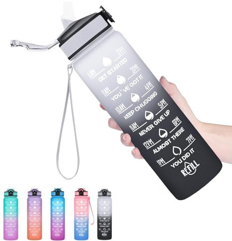 Gourde en Tritan Sans BPA Paille Marqueur de temps Fitness, école, yoga, extérieur Blanc et noir