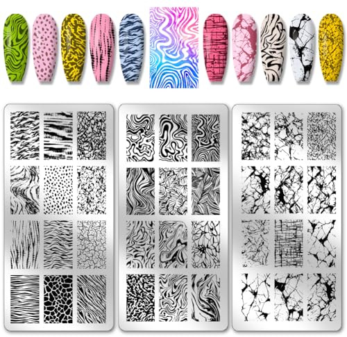 PH PandaHall 3pcs Marmor Nagel Stempelplatten Felsen Textur Nailart Schablonen Stone Cracked Nail Image French Lines Nail Art Schablonen für Frauen DIY Design Nagel Maniküre Salon 12x6cm