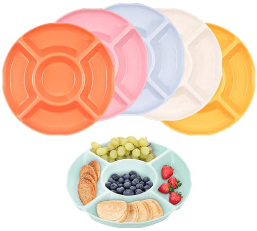 TranRantic 6pcs Snack Serving Tray,Serving Dishes with 5 Sections,Stackable Serving Platter,Reusable Plastic Party Food Trays, Dishwasher Safe Divided Plate for Parties,Cinemas,Buffet(6 Colours)