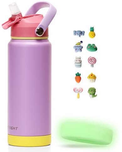 pluseight Edelstahl Trinkflasche, 750 ml Auslaufsichere Edelstahl Flasche mit Fluoreszierendem Untersetzer, Kinder, Frauen, Männer | Auslaufsicher & Schweißfest mit Anti-Staub Deckel (Lila)