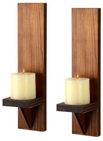 USOHJZ WandkerzenstäNder Set mit 2 Holz-Wandkerzenleuchtern, rustikale Wandhalterung, Holzsäulenkerzenleuchter for Wohnzimmer-Wandkerzenhalter(Brown)