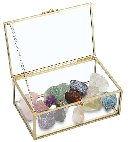 Goldene Vintage Glasbox Hochzeit, Transparente Rechteckige Box 24 x 15 x 8 CM, Schmuckschatulle mit Glasdeckel, Deko Schmuckkasten Schmuckbox Ringbox Geschenkbox Aufbewahrungsboxen