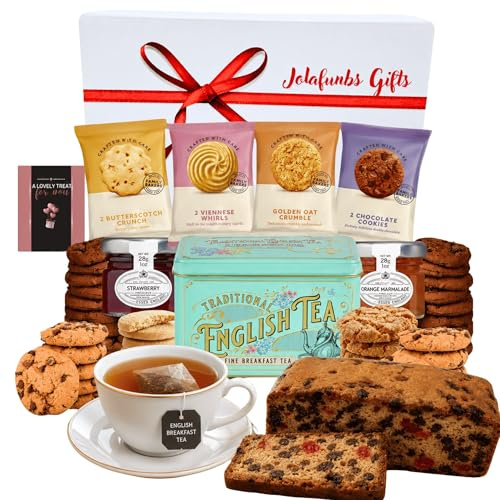 Breakfast Tea Gift Set – English Tea Tin,Jam,Fruit cake & Multipack Biscuits Individually Wrapped Treat Customers, Guests, Visitor, British Biscuits Gift Set Hampers Food Gifts (Tea Hamper 2)