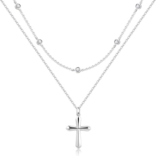 ALEXCRAFT 14K Vergoldet Layered Kette 2in1 Silber Zirkonia Halskette Damen | Verstellbares Doppel Stapelbare 2 Layered Kette mit Zirkonia Anhänger Halskette Boho Layering Schmuck Ketten Damen Frauen