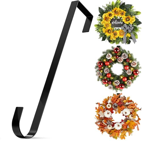 Christmas Wreath Door Hanger, 12 Inch Metal Wreath Hanger Over Door Wreath Hook Holder for Home Office Wall Wedding Wreath Display and Christmas Halloween Easter Decorations (Black)