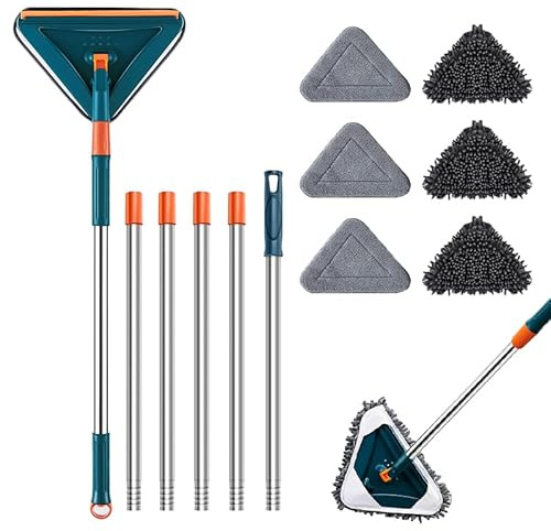 Wall Cleaner Mop with Long Handle 360° Wall Mop Triangle Mops for Floor Cleaning Baseboard Cleaner Tool with 5 Microfiber Duster Pads Dust Washer Cleaning Tools for Walls Windows Ceiling Fan