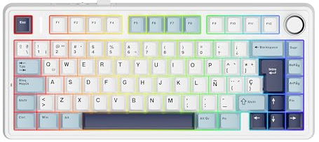 MechLands Aula F75 75% Teclado Mecánico para Gaming, Distribución QWERTY Español, Retroiluminación RGB, Teclado BT5.0/USB-C/2,4 GHz Con Mando Giratorio, Reaper Switches para Win/Mac (Azul Claro)