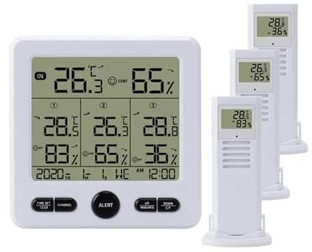 YVAAASIYC Stazione meteorologica Wireless termometro Interno ed Esterno igrometro Digitale della Temperatura con 3 sensori remoti Smart Home(White)