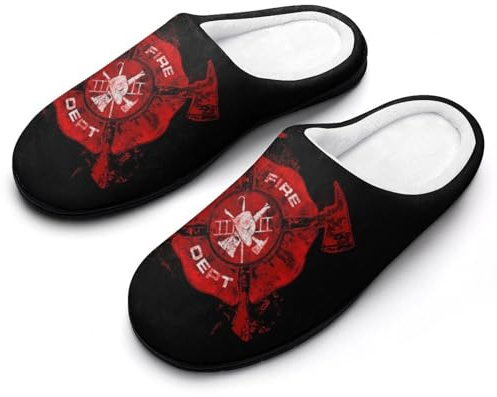 DZUAIKIT Firefighter Icon Men's Slippers Cotton Warm House Shoes Anti-slip Rubber Sole Slippers Fit Indoor & Outdoor for Size 7-14