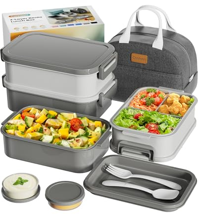 Adults Bento Box with Insulated Lunch Bag, 74oz Capacity 3 Stackable Leak-Proof Bento Box Built-In Utensil and Sauce, PFAS & BPA-Free, Microwave & Dishwasher Safe (Dusk Gray)