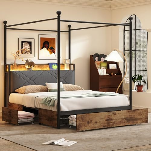 Zravenna Stauraumbett Himmelbett 140x190 mit Schubladen, Multifunktionales Gepolstert Kopfteil mit Einlegeböde Stauraum, abnehmbaren Eisen-Bettpfosten,Jugendbett Doppelbett (Schwarz)