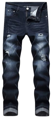 Herrjeans rippade jeans slim fit herr normal passform jeans stretch denimbyxor smala slitna byxor mode slitna byxor komfort flex midja byxor basic tonåring byxor för daglig användning, Mörkblått, 3XL