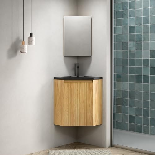 Jaziifit 30 Corner Bathroom Vanity with Sink, Wall-Mounted Floating Triangular Cabinet, Natural Woodgrain Plywood Body, Matte Black Integrated Resin Basin, Pre-Assembled