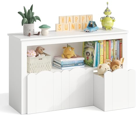 YOUDENOVA Kinderregal, Kinderzimmer Möbel mit 3 Boxen, Spielzeug Aufbewahrung auf Rollen, 102,2x33x61,5 cm, Aufbewahrung Kinderzimmer für Bilderbücher, Geschichtenbücher und Spielzeug, Weiß