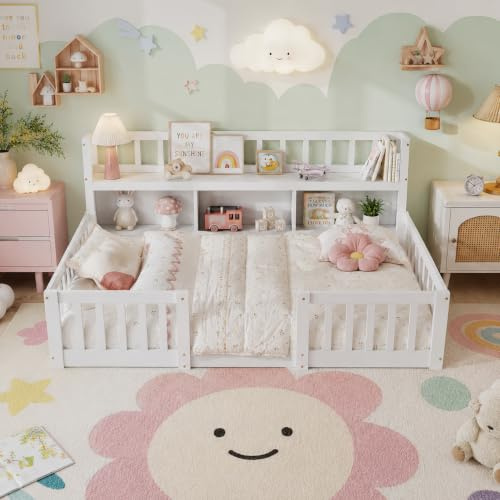OLIVIBED Cama Montessori 90x200 cm, Cama Infantil con protección contra caídas y estantería, Cama para niños de Madera con Puerta para niños y niñas, Baja Altura de Entrada, sin colchón, Blanco