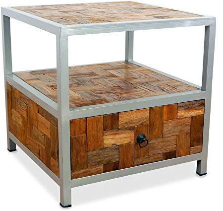 Java Beistelltisch aus Metall und Teakholz | Nachttisch im Industrial Design | Asiatische Möbel der Marke Asia Wohnstudio | Nachtschrank | Asia Kommode | Teakholzmöbel (Handarbeit)