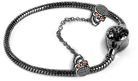 Gnoce Schwarz Schädel Charm Armband Mit Sicherheitskette 925 Sterlingsilber Weil ich dich liebe Schlangenkette Bettelarmband für Damen Herren (21, Style-1)