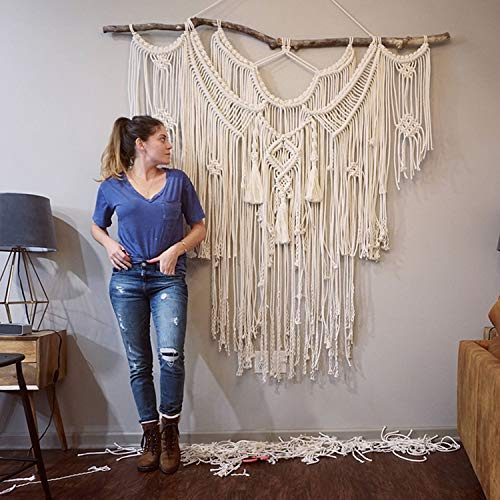 ZNKZJ Tenture Murale tissee en Macrame Grand,Macramé Tapisserie Tissée à La Main Pompon en Coton Naturel décoration Murale Bohème Chic décoration de la Maison, Cadeaux Parfaits,Beige-145x160cm