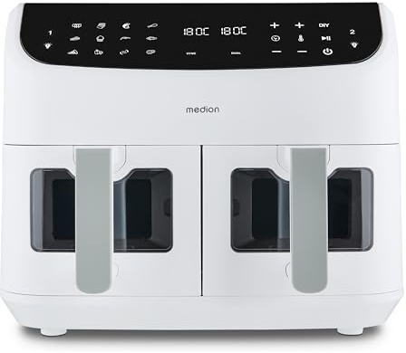 MEDION P20 XXL Friteuse à Air Chaud 2 Compartiments MD11760 Blanc Mat | 8,7 L, 2600 W, 10 Programmes, 2 Tiroirs, Fenêtre, Air Fryer Double XXL