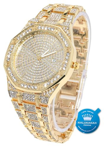 Halukakah Diamant Golduhr, Herren 18K Echt Vergoldet 40MM Breite Achteckig Rund Wählen Quarz Armband 22cm, mit Geschenkbox