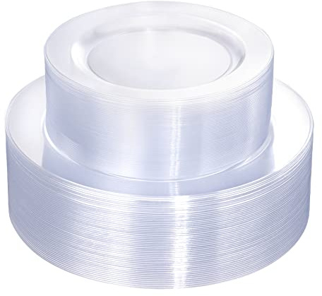FLOWERCAT 100PCS Clear Plastic Plates - Heavy Duty Clear Disposable Plates for Fall Party/Wedding/Christmas - Include 10inch & 7inch Dinner/Dessert Plates for 50guests