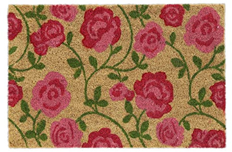 Relaxdays Fußmatte Kokos, Rosen-Motiv, Fußabtreter 40x60 cm, Türvorleger innen & außen, rutschfest, Türmatte, pink/Natur