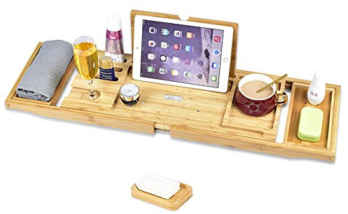 Bandeja de Baño de Madera para Bañera|Organizador Ajustable Extensible para bañera|Andeja de baño con Soporte para Copa de Vino|iPad|móvil y más|Bandeja de Baño Regalo Distintivo para Navidad
