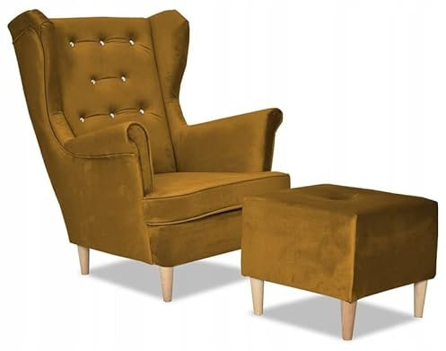 Family Meble Ohrensessel mit Hocker, Modell Diana, Skandinavisch, Relaxsessel aus Webstoff, Loungesessel, Ohrensessel mit Hocker, Bequemer Sessel, Für Wohnzimmer, Esszimmer, Schlafzimmer, Honig