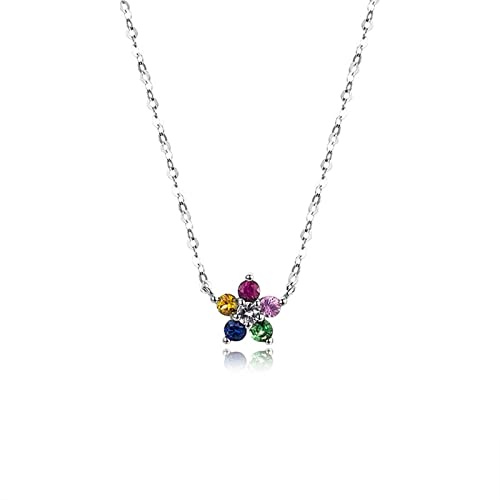 Kette Damen Blume, Geschenk für Mama zum Geburtstag 18 Karat Weißgold Kettenanhänger Blume mit Saphir-Tsavorit-Rubin 0,16 Ct Geschenk Mama