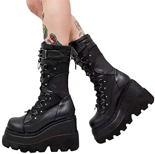 tinetill Bottes d'hiver Chaussures d'hiver pour Femmes Bottes à Lacets à Tige Courte Gothique Vintage Bottines Chaussures Plate-Forme Bottes Fermeture éclair Chaussures à Talons épais