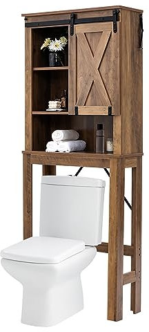 LIFEZEAL Mobile su WC, Scaffale sopra WC con Porta Scorrevole con 3 Ripiani Aperti, Organizer Bagno Salvaspazio,Stabile e Antidumping, Stile Moderno, 68 x 22 x 171 cm, Marrone