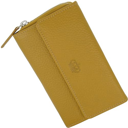 Baur Damen Geldbörse Echt Leder Geldtasche | Geldbeutel mit RFID Schutz | großes Portemonnaie viele Kartenfächer | Wallet mit Druckknopf & Reißverschluss Münzfach | Damen-Geldbörsen (Senf-Gelb)