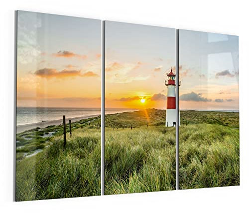 DEQORI Glasbilder Acrylglas | Motiv Leuchtturmliebe | horizontal 3-teilig 150x100 cm | große XXL Deko | Wandbilder für Wohnzimmer, Schlafzimmer, Flur & Küche | moderne Wanddeko