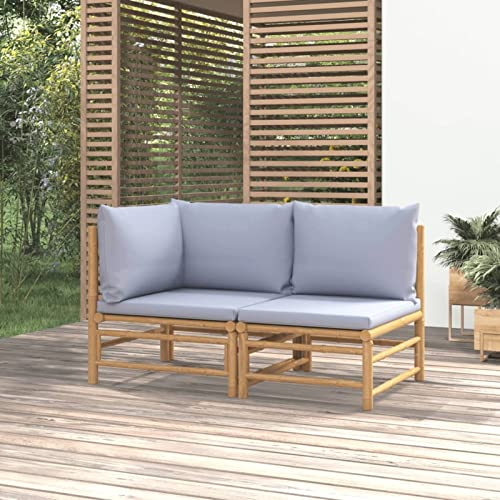 Tidyard 2-TLG. Garten Lounge Sofa, Balkonlounge, Terrassensofa, Garten Sitzgruppe, Lounge Sofa 2er Outdoor, Garten Möbelsets Bambus, Kissen, Hellgrau, Eckteil + Mittelteil